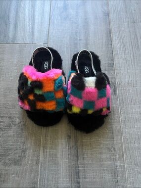 UGG Bright Multicolor Faux Fur Checker Slide Sandals Little Girl Size 8